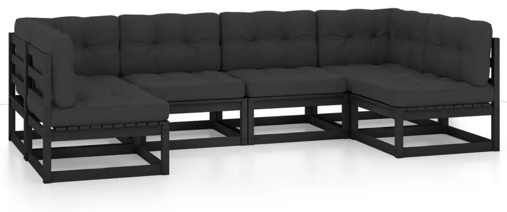 3077178 vidaXL Set mobilier grădină cu perne, 6 piese, negru, lemn masiv pin