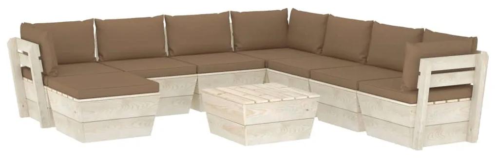 Set mobilier gradina din paleti cu perne, 9 piese, lemn molid Gri taupe, 3x colt + 4x mijloc + masa + suport pentru picioare, 1