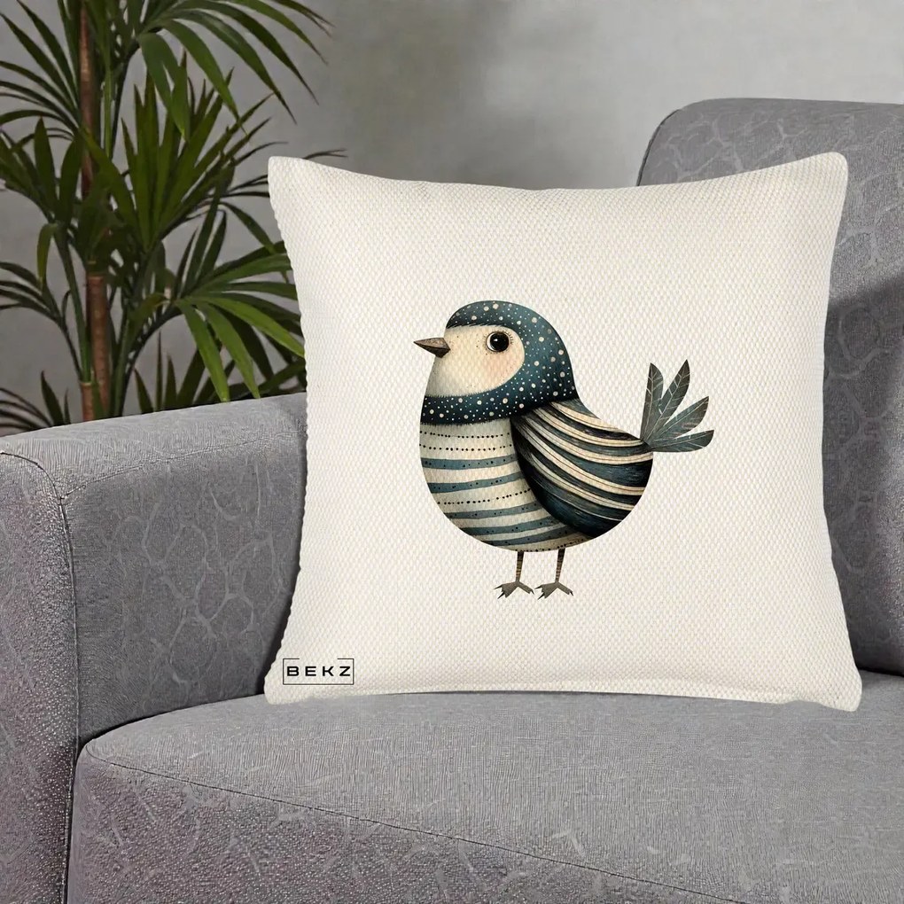 Perna Decorativa Pasare Teal Decorativa Dungata, 40x40 cm, Crem Reliefat, Husa Detasabila, Perna Inclusa, BEKZ®