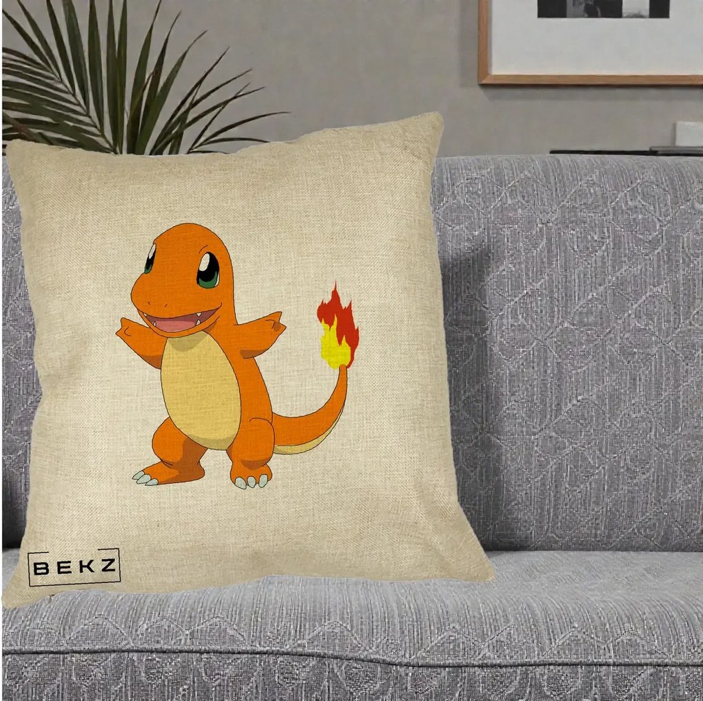 Perna Personalizata Charmander Pokemon, 40x40 cm, Crem, Husa Detasabila, Perna Inclusa, BEKZ®