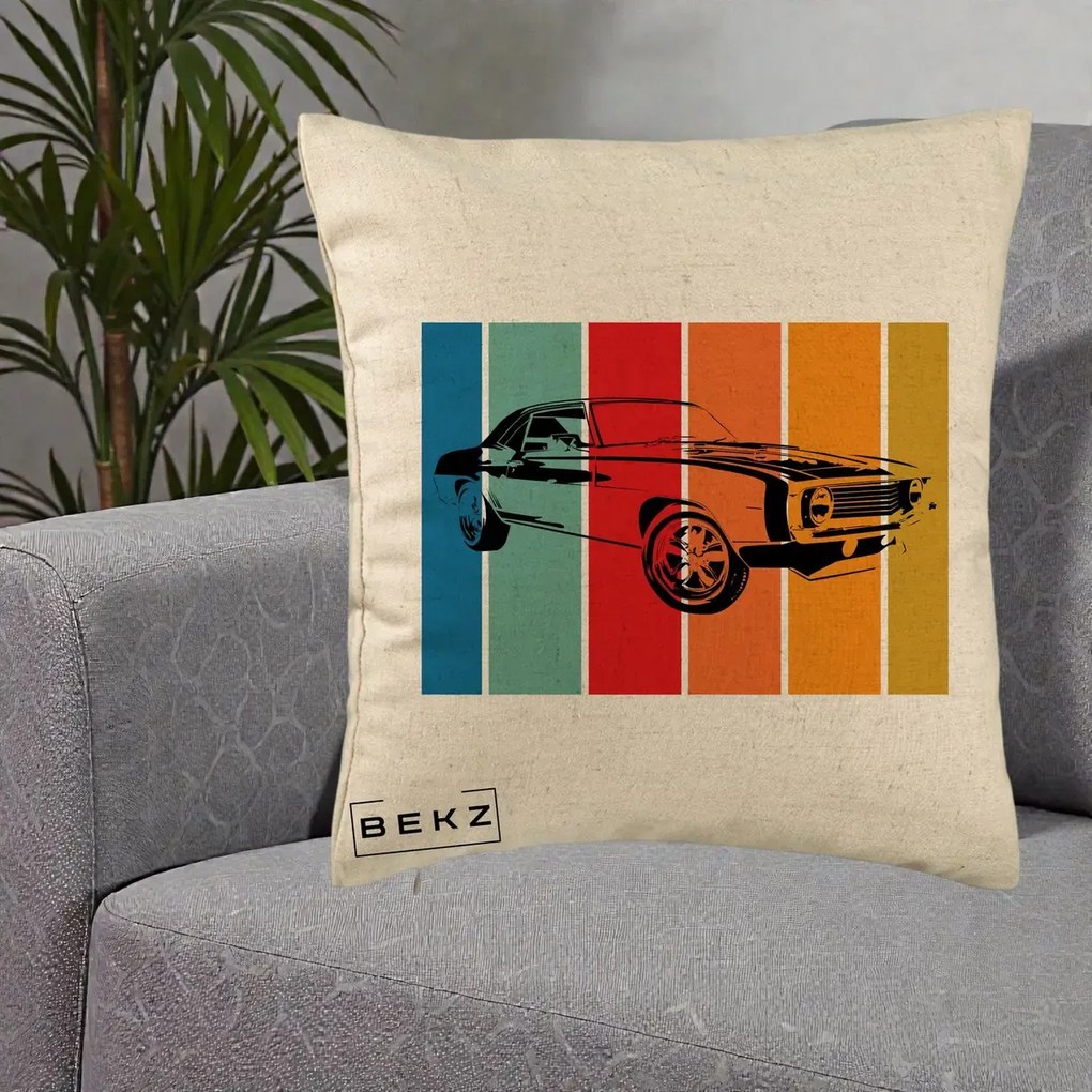 Perna Personalizata Masina Retro Muscle Car Grafic, 40x40 cm, Bej, Husa Detasabila, Perna Inclusa, BEKZ®