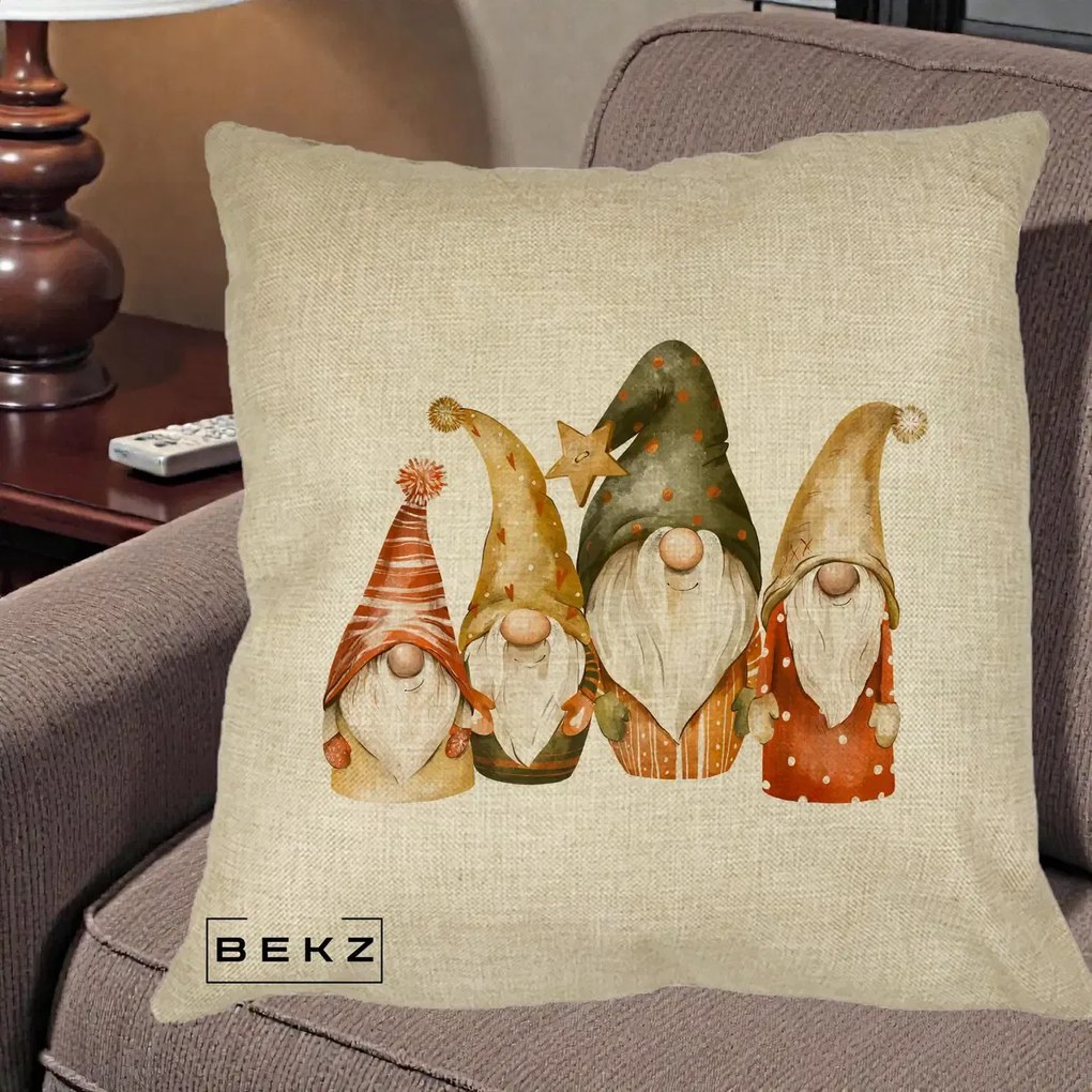 Perna Decorativa Gnomi de Craciun Patru, 40x40 cm, Crem, Husa Detasabila, Perna Inclusa, BEKZ®