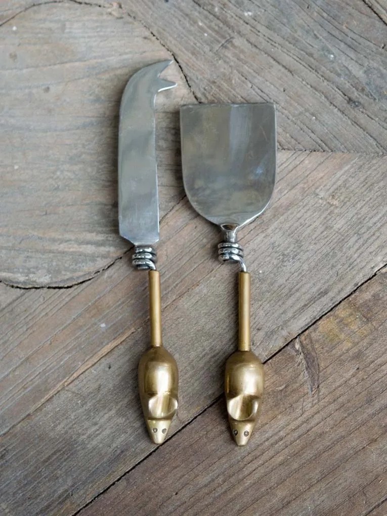 Set 2 ustensile servire, din otel, cu manere din alama, Souris