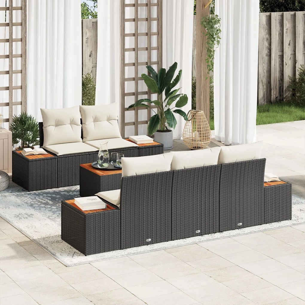 vidaXL Set canapea grădină 6 piese cu perne, negru, rattan poli, acacia