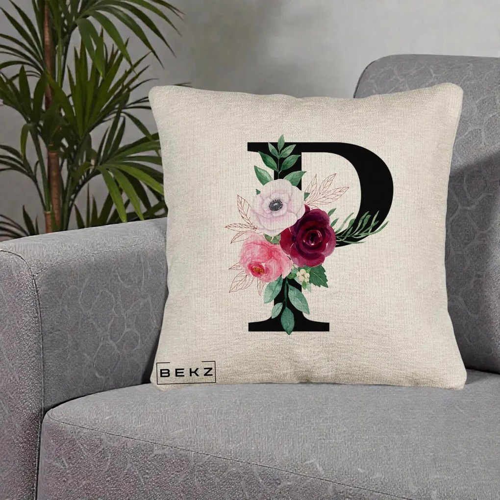 Cadou Personalizat - Perna Personalizata Monograma Florala Litera P, 40x40 cm, Bej Canapea, Husa Detasabila, Perna Inclusa, BEKZ®