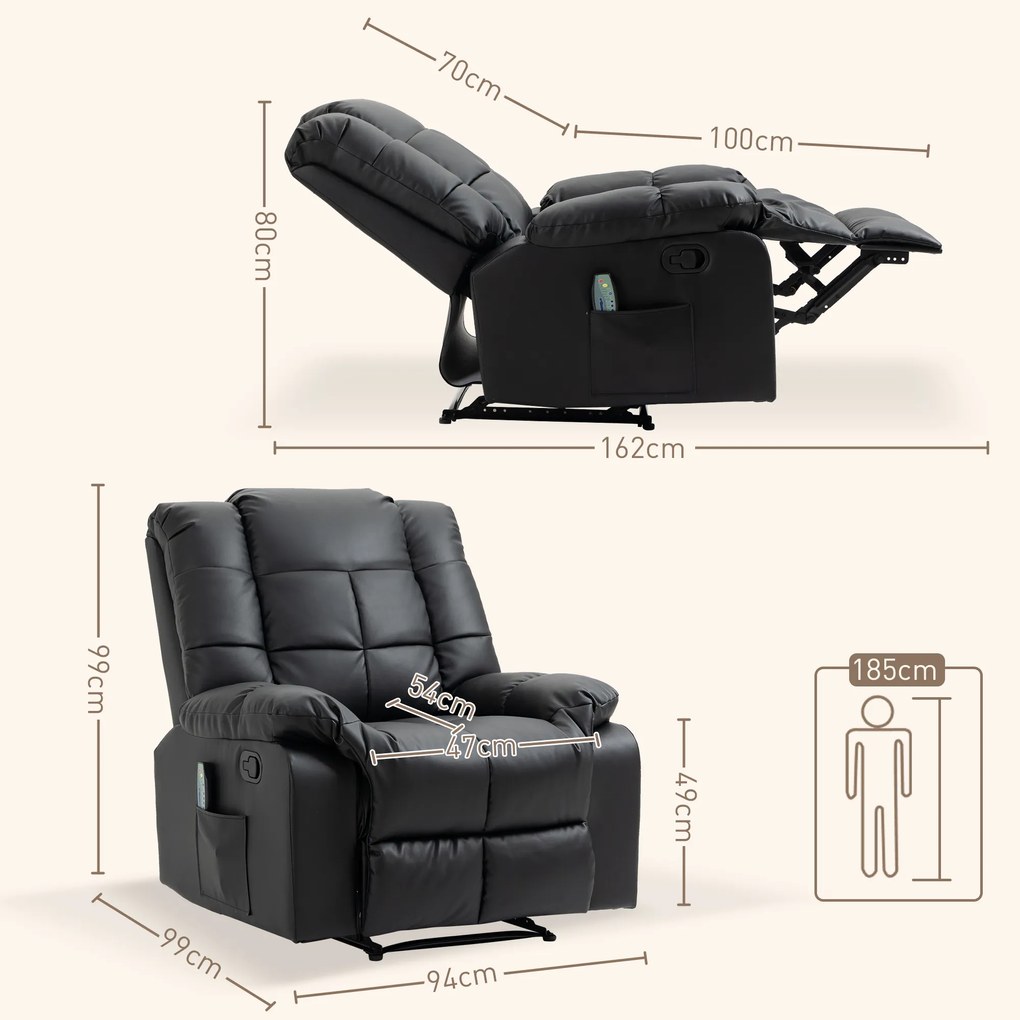 HOMCOM Fotoliu de Relaxare cu Masaj din Piele Artificiala, Fotoliu Ergonomic cu 8 Puncte de Masaj si Rabatabil 165°, Gri | Aosom Romania