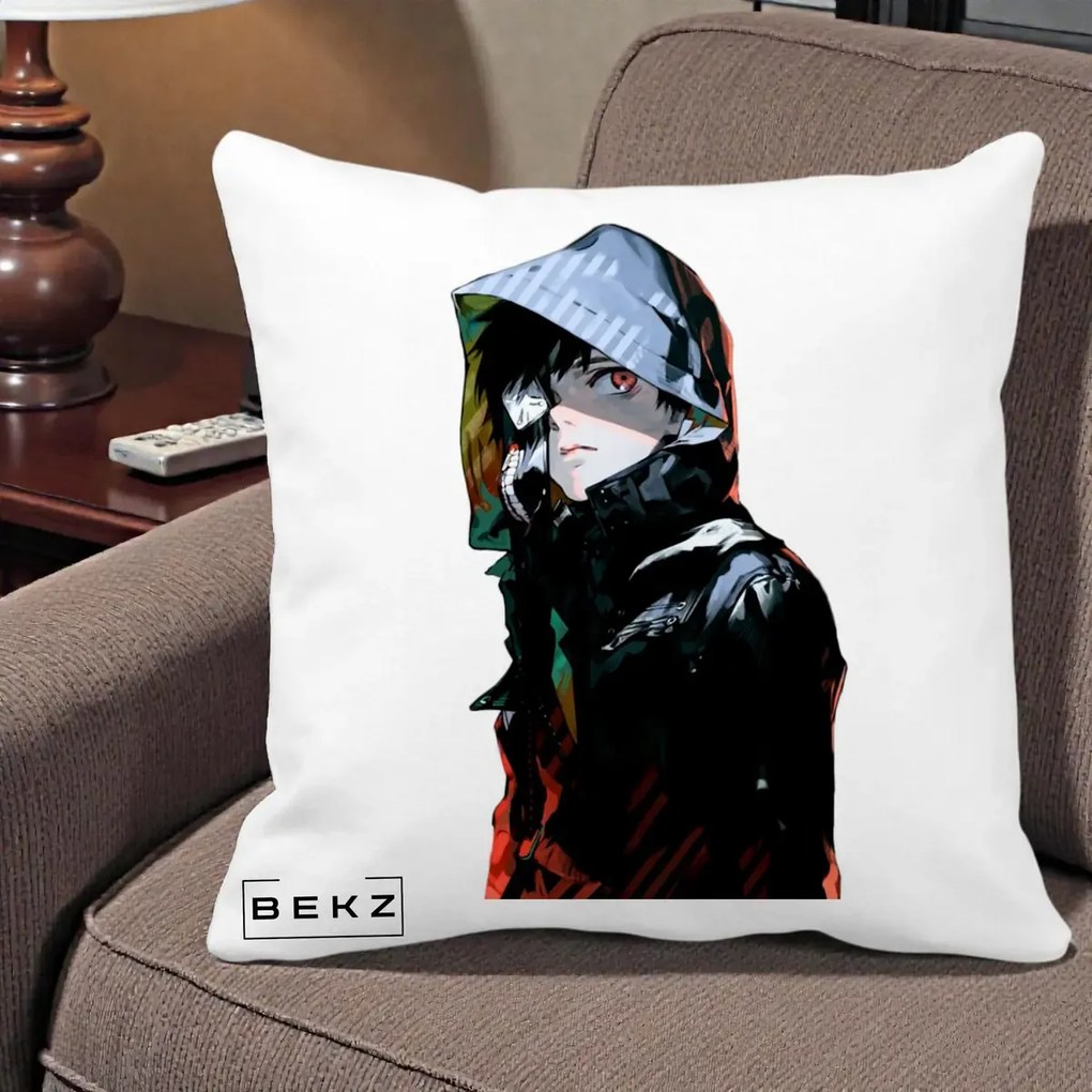 Perna Personalizata Tokyo Ghoul Ken Kaneki cu Masca si Gluga, 40x40 cm, Alba Mata, Husa Detasabila, Perna Inclusa, BEKZ®