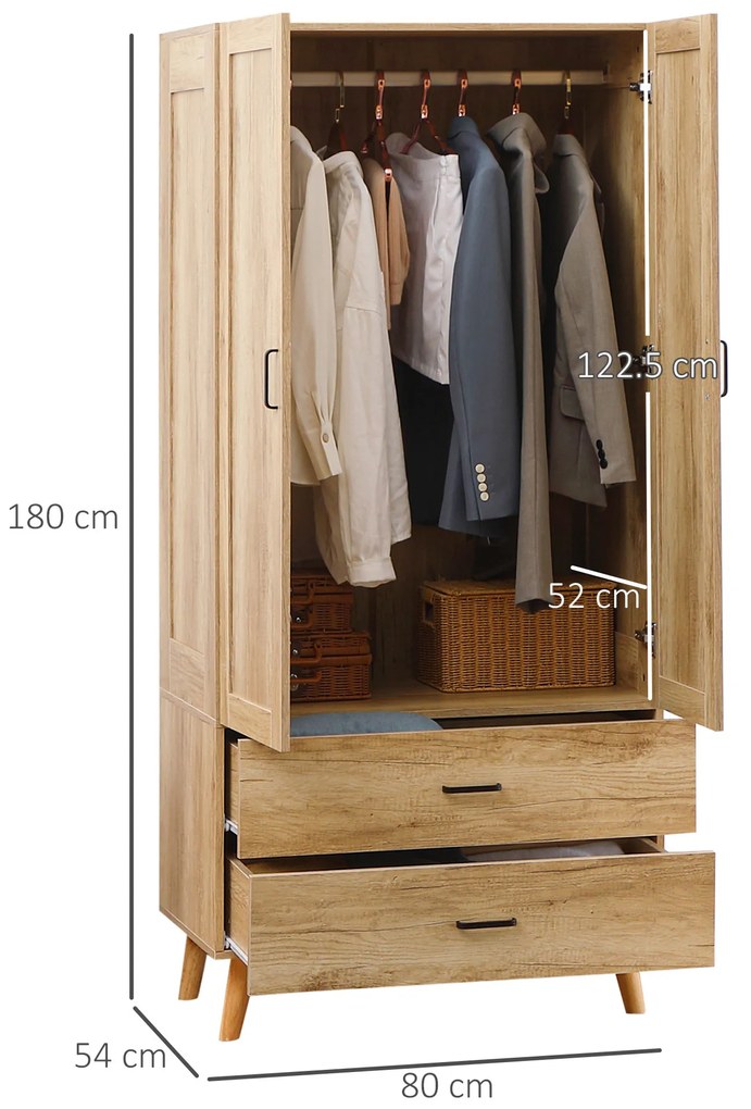 HOMCOM Dulap Dormitor 2 Uși cu 2 Sertare și Bară pentru Umerașe 80x54x180 cm Lemn | Aosom Romania