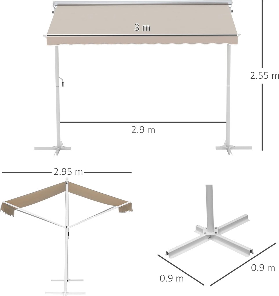 Outsunny Markiză de grădină de sine stătătoare cu braț pliat și manivelă, terasă, alb crem, 3x3 m | Aosom Romania