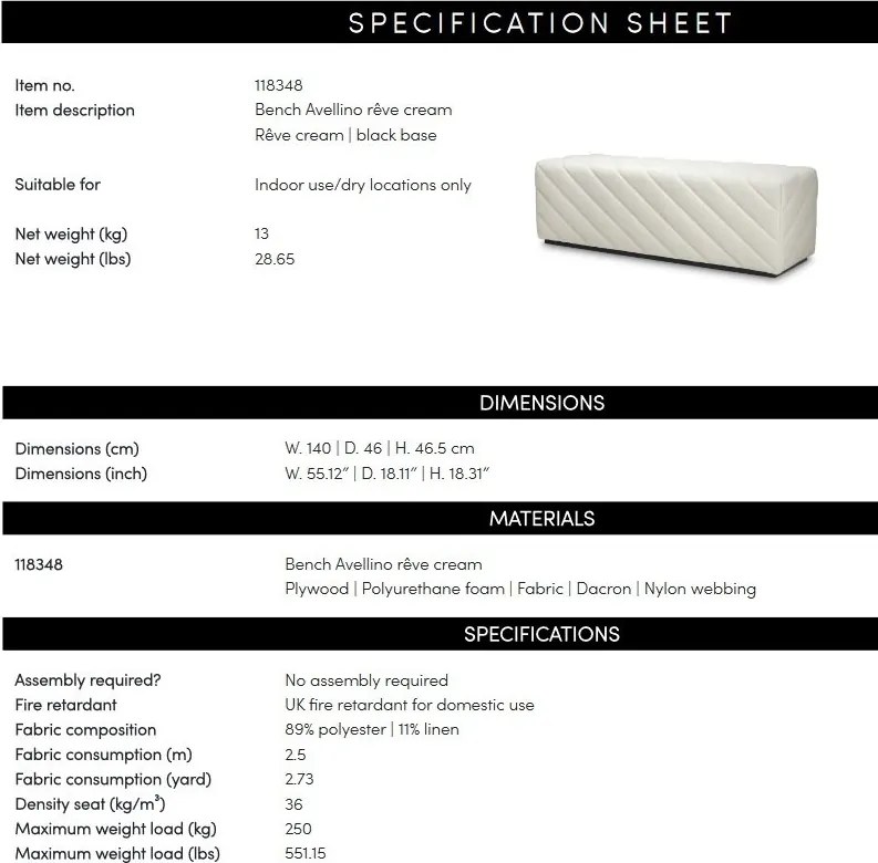 Bancheta design LUX Avellino, Reve cream