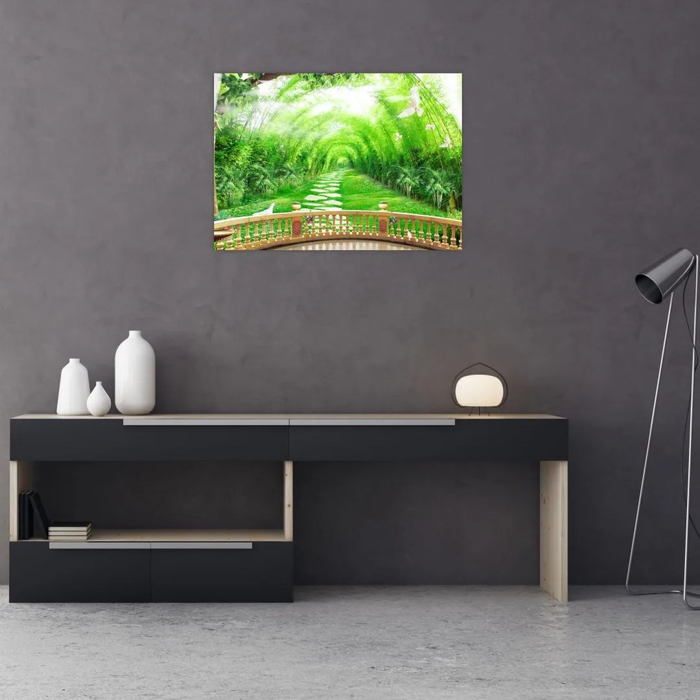 Tablou pe sticlă - Privire la grădina tropicală (70x50 cm)