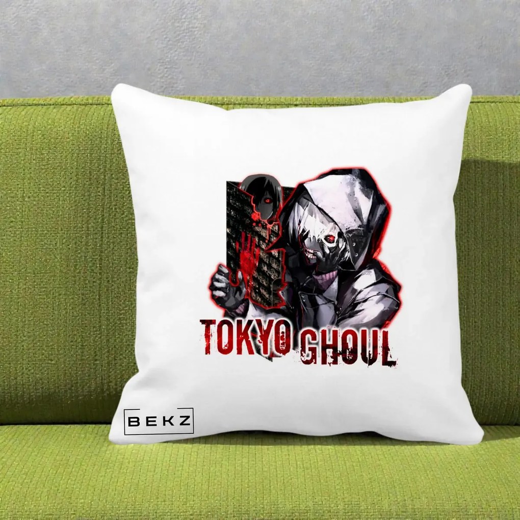 Perna Personalizata Tokyo Ghoul Ken Kaneki Anime, 40x40 cm, Alba Mata, Husa Detasabila, Perna Inclusa, BEKZ®