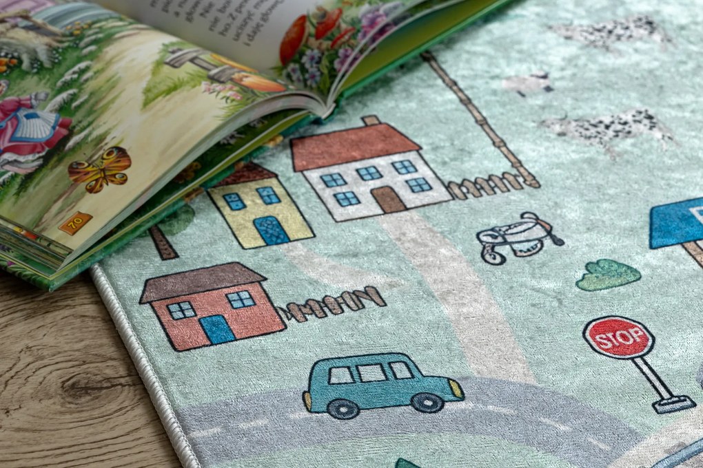 BAMBINO 61530 covor lavabil Râu, șine, tren pentru copii anti-alunecare - verde / gri