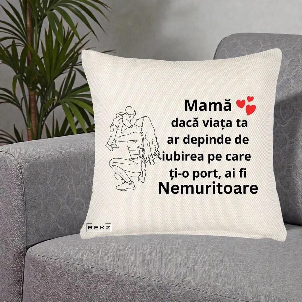 Cadou pentru Mama - Perna Personalizata Mama Nemuritoare Portret Graphic, 40x40 cm, Crem Reliefat, Husa Detasabila, Perna Inclusa, BEKZ®
