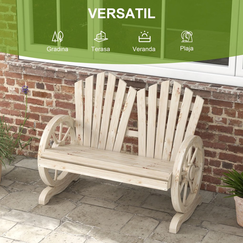 Outsunny Bancă de Grădină pentru 2 Persoane cu Mânere în Formă de Roată, Bancă de Exterior din Lemn de Brad, pentru Terasă și Curte, 108x66x95 cm, Finisaj Lemn Natural | Aosom Romania