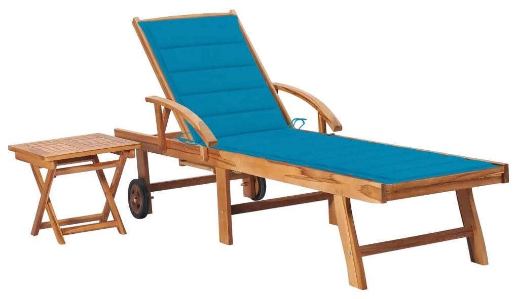 3063025 vidaXL Șezlong cu pernă și masă, lemn masiv de tec