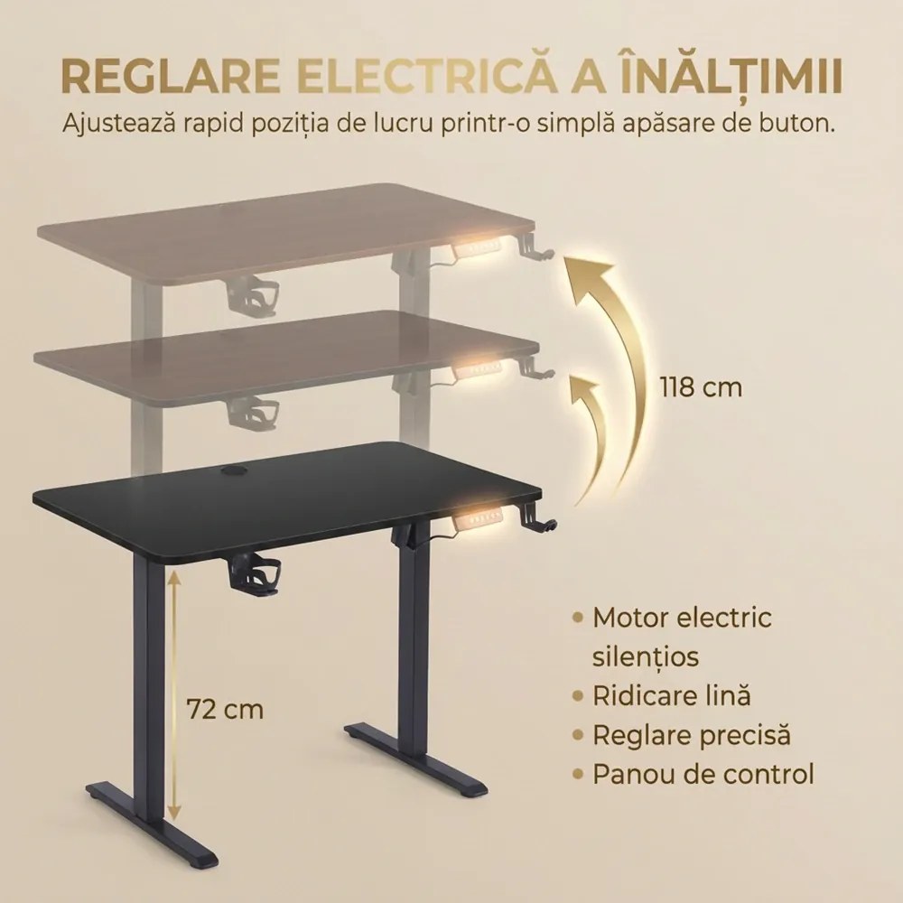 ELEVON WX-009 – Birou Reglabil Electric, Înălțime Reglabilă 72–118 cm, Blat Monobloc PAL de Înaltă Densitate 15 mm, Cadru Metalic din Oțel 65×45 mm, Panou Electronic, 100 × 60 cm, Walnut