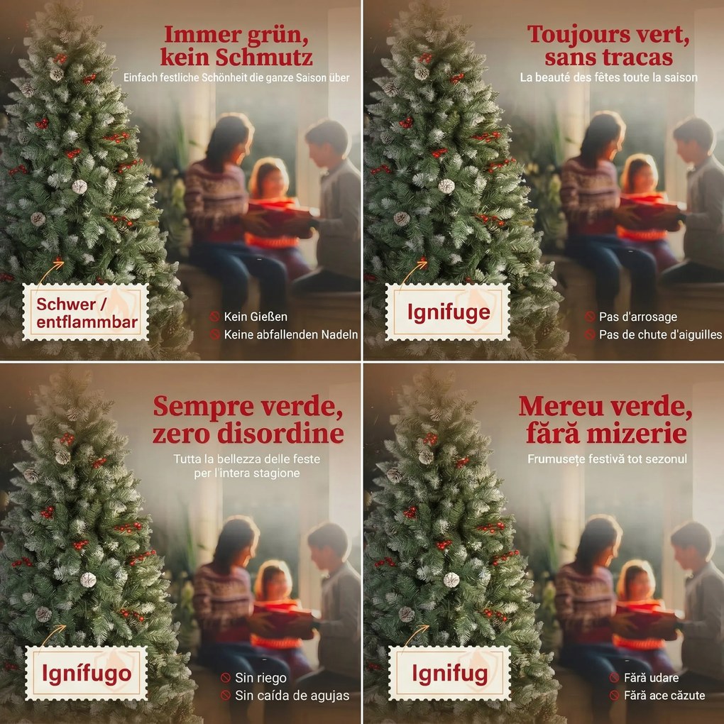 HOMCOM Brad de Crăciun Înalt de 210 cm cu 928 de Ramuri, Brad Artificial de Interior cu Conuri și Boabe Roșii Decorative, Bază Metalică, Verde | Aosom Romania