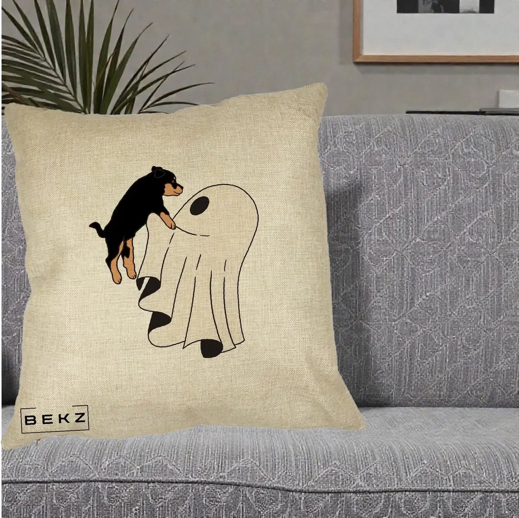 Perna Decorativa Caine Rottweiler Fantoma Halloween, 40x40 cm, Crem, Husa Detasabila, Perna Inclusa, BEKZ®