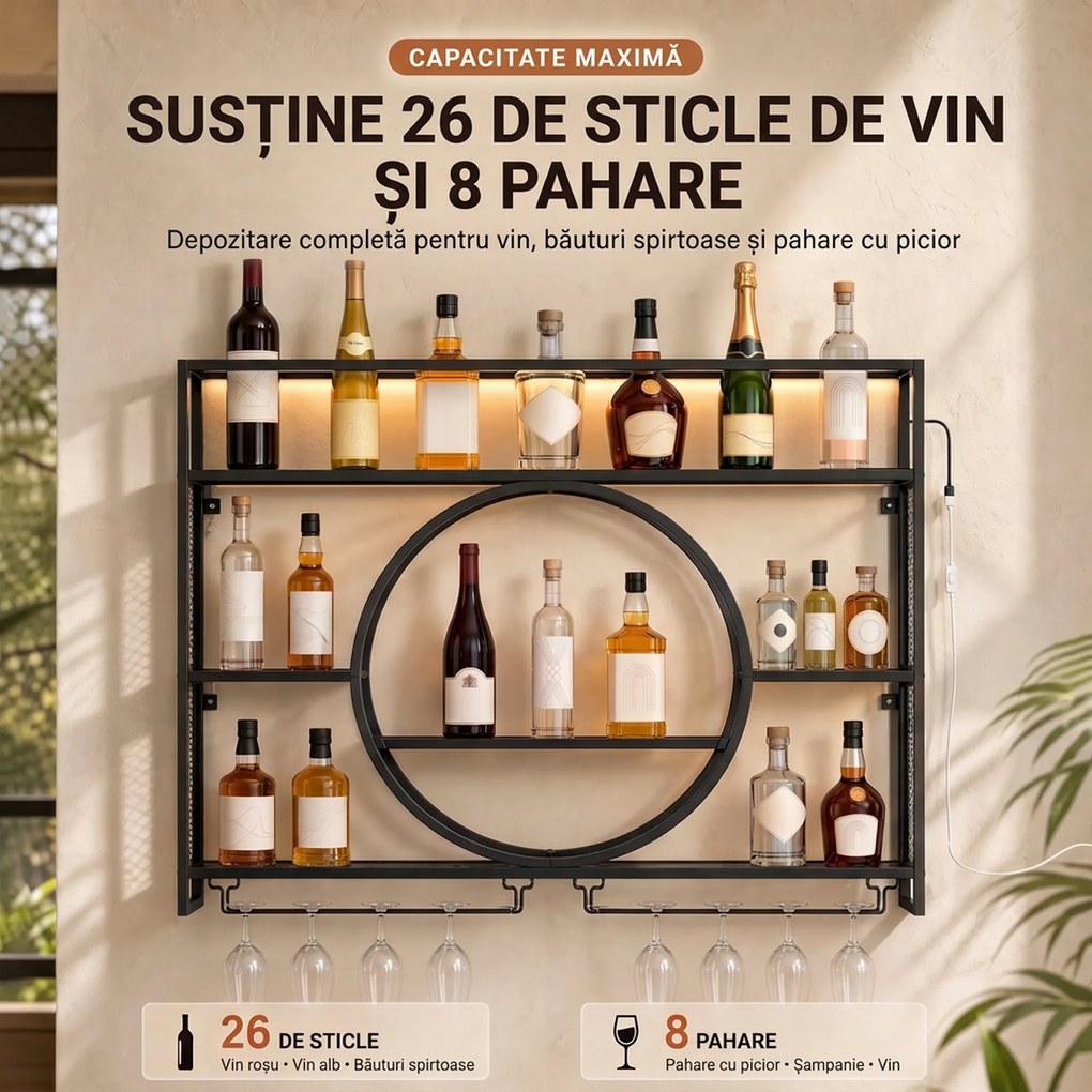 HOMCOM Suport de perete pentru sticle cu LED, suport pentru pahare și rafturi, negru | Aosom Romania