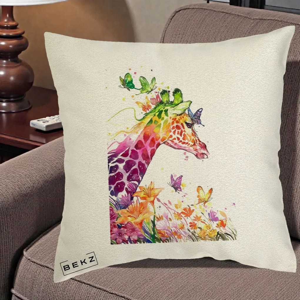 Perna Decorativa Girafa Curcubeu Acuarela, 40x40 cm, Ecru, Husa Detasabila, Perna Inclusa, BEKZ®