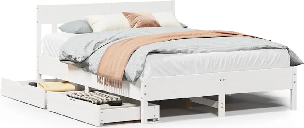 vidaXL Cadru de pat fără saltea, alb, 140x200 cm, lemn masiv pin