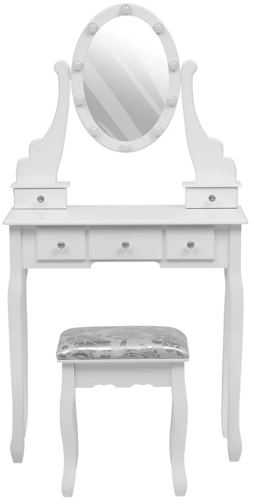 Set Nasira, Masă de toaletă pentru machiaj, oglinda iluminata 10 becuri LED, 5 sertare, scaun, Alb