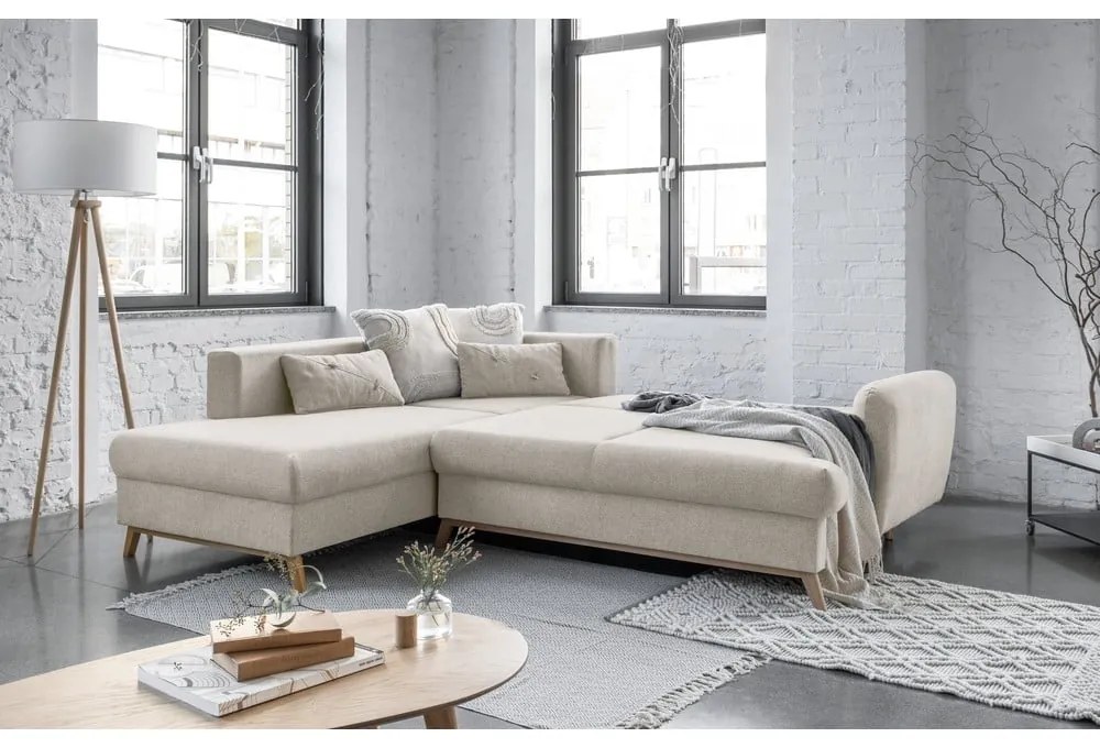 Colțar bej extensibil/cu spațiu de depozitare (cu colț pe partea stângă/în formă de ”L”) Scandic Lagom – Miuform