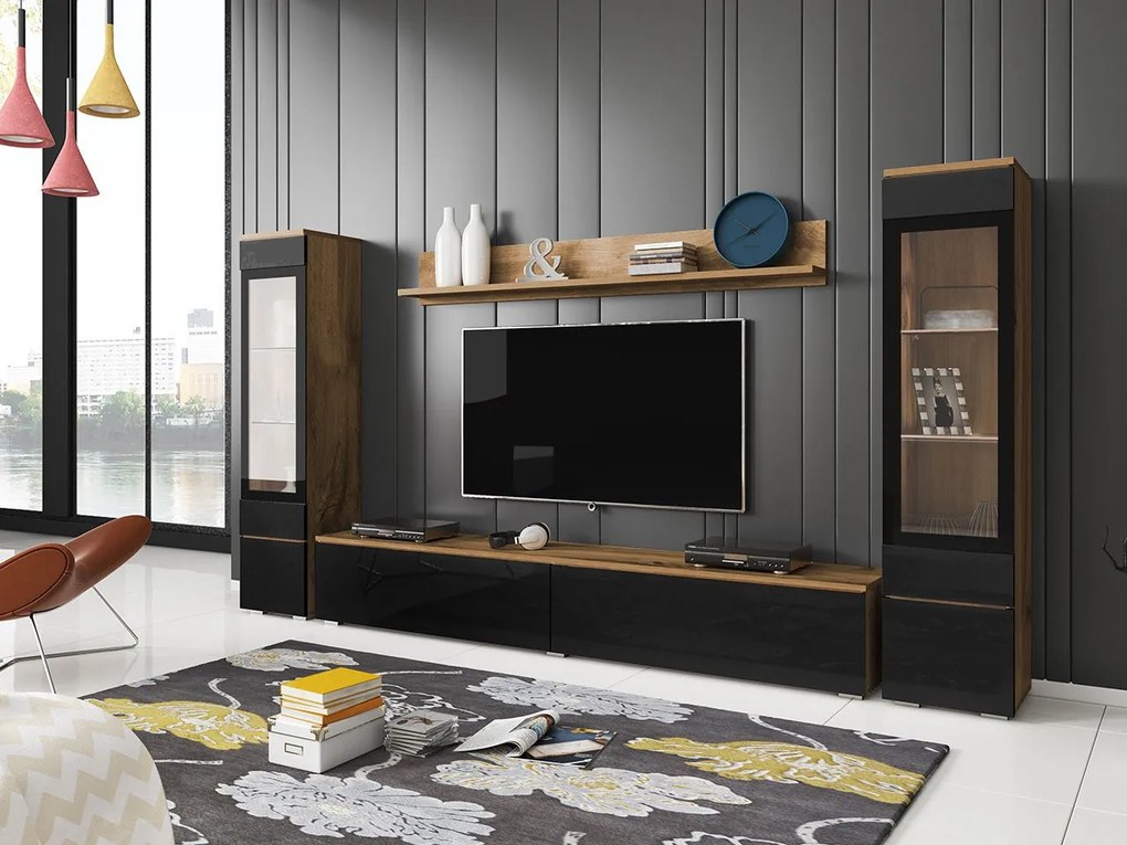 Mobilier living Selwyn II (wotan + Negru lucios ) (fără iluminat). 1054048