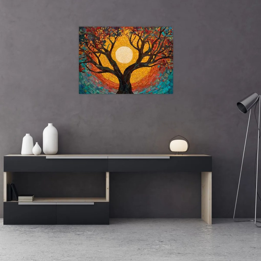Tablou pe sticlă - Soarele în coroana arborelui vieții (70x50 cm)