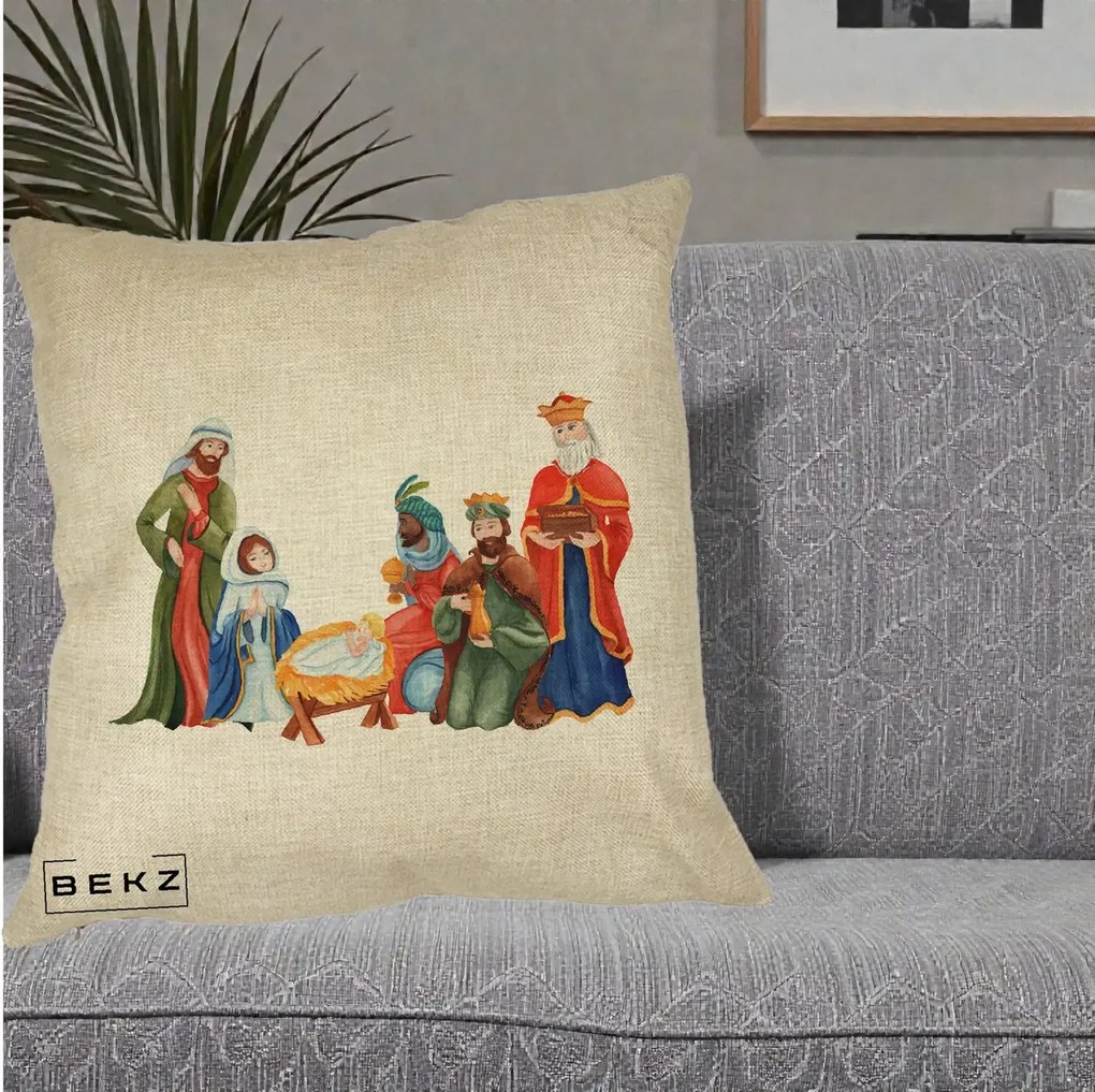 Perna Decorativa Nasterea Domnului Cei Trei Magi Acuarela, 40x40 cm, Crem, Husa Detasabila, Perna Inclusa, BEKZ®
