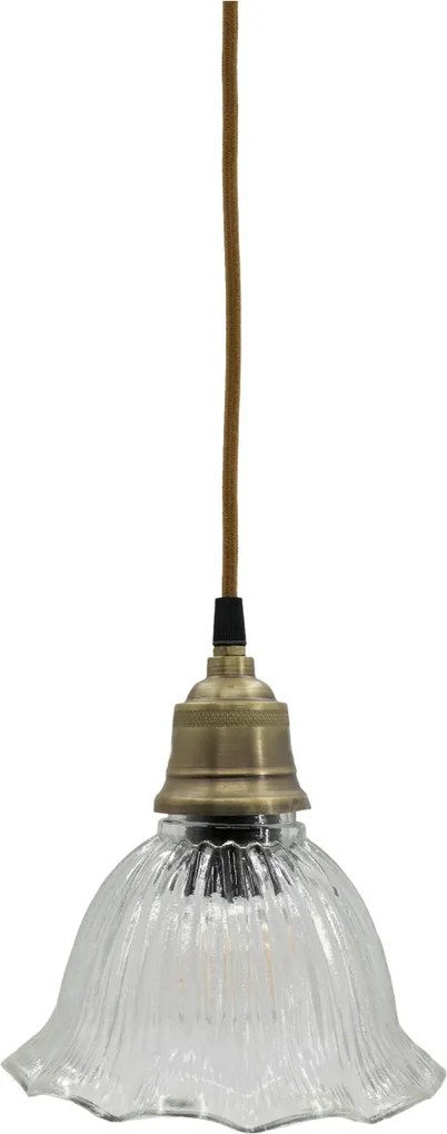 Lustră suspendată vintage din sticlă transparentă și suport din alamă antichizată, 17×18 cm, „Clochette"