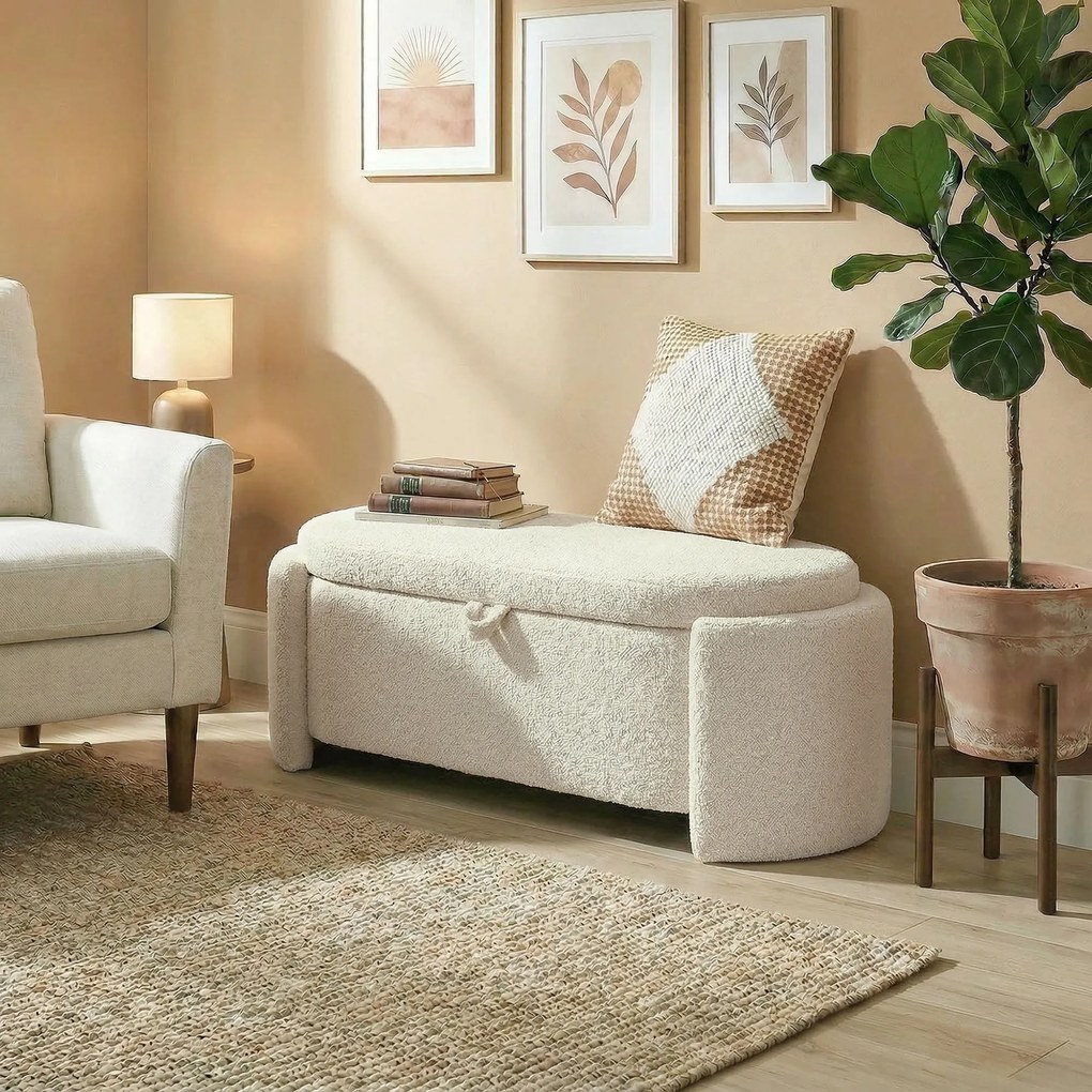HOMCOM Banc de depozitare, banc la picioarele patului oval din polar Teddy cu șezut lat, 129 x 48,5 x 44 cm, crem | Aosom Romania