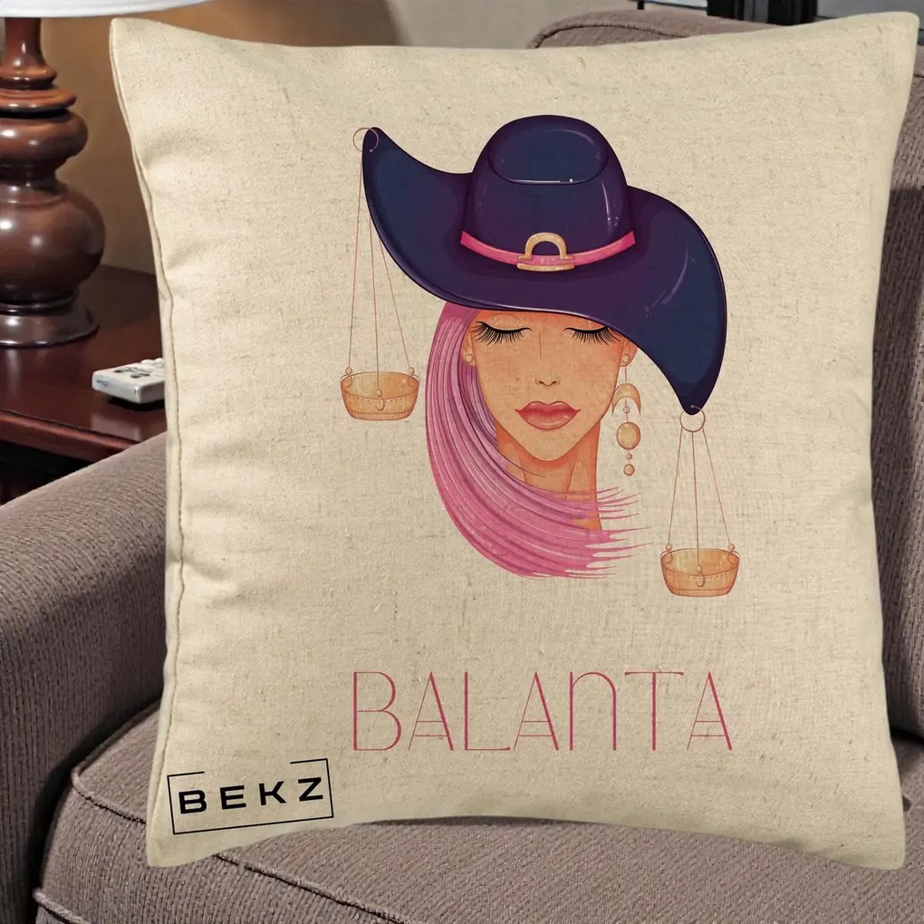 Perna Personalizata Zodiac Balanta Cowgirl, 40x40 cm, Bej, Husa Detasabila, Perna Inclusa, BEKZ®