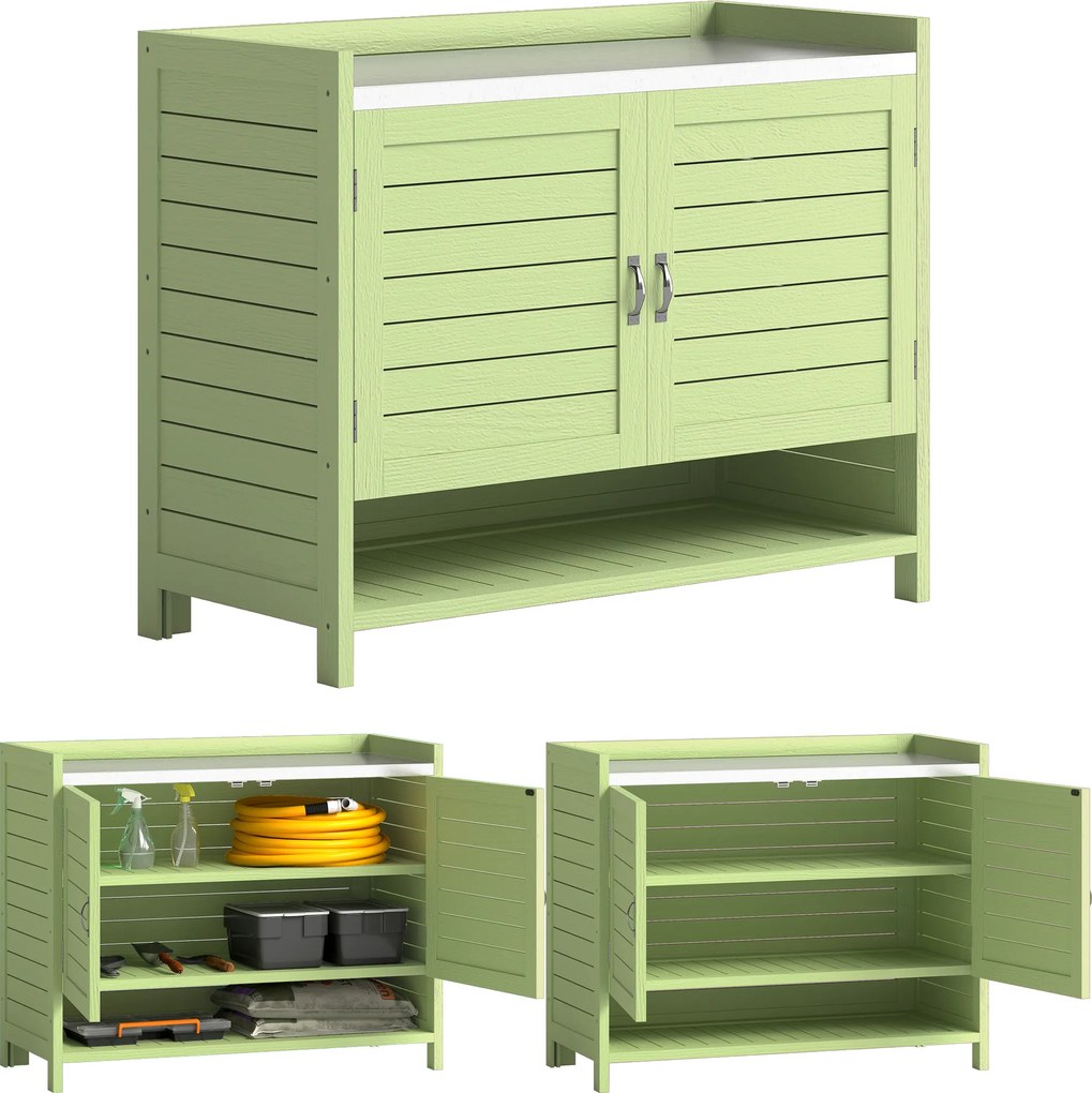 Outsunny Masă de plantat cu dulap inferior din lemn - dulap de grădină pentru exterior cu blat galvanizat, 3 rafturi, 88x40x70,5 cm, Verde | Aosom Romania