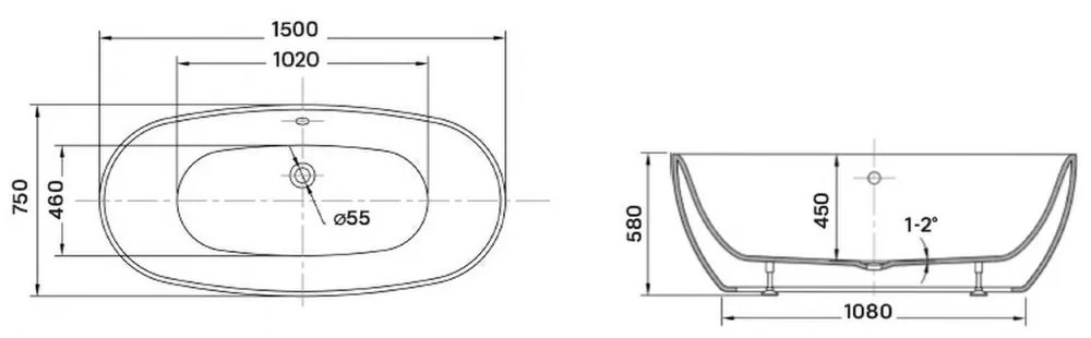 Cadă ovală 150x75x58 cm