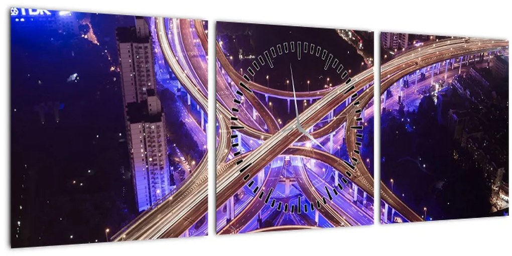 Tablou cu o interesecție mare noapte (cu ceas) (90x30 cm)