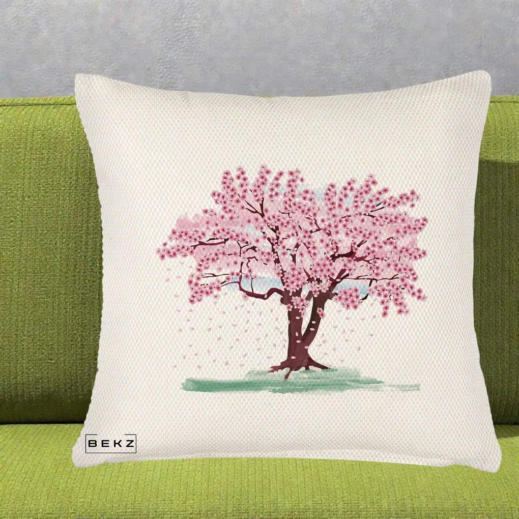 Perna Decorativa Cires Inflorit Acuarela, 40x40 cm, Crem Reliefat, Husa Detasabila, Perna Inclusa, BEKZ®