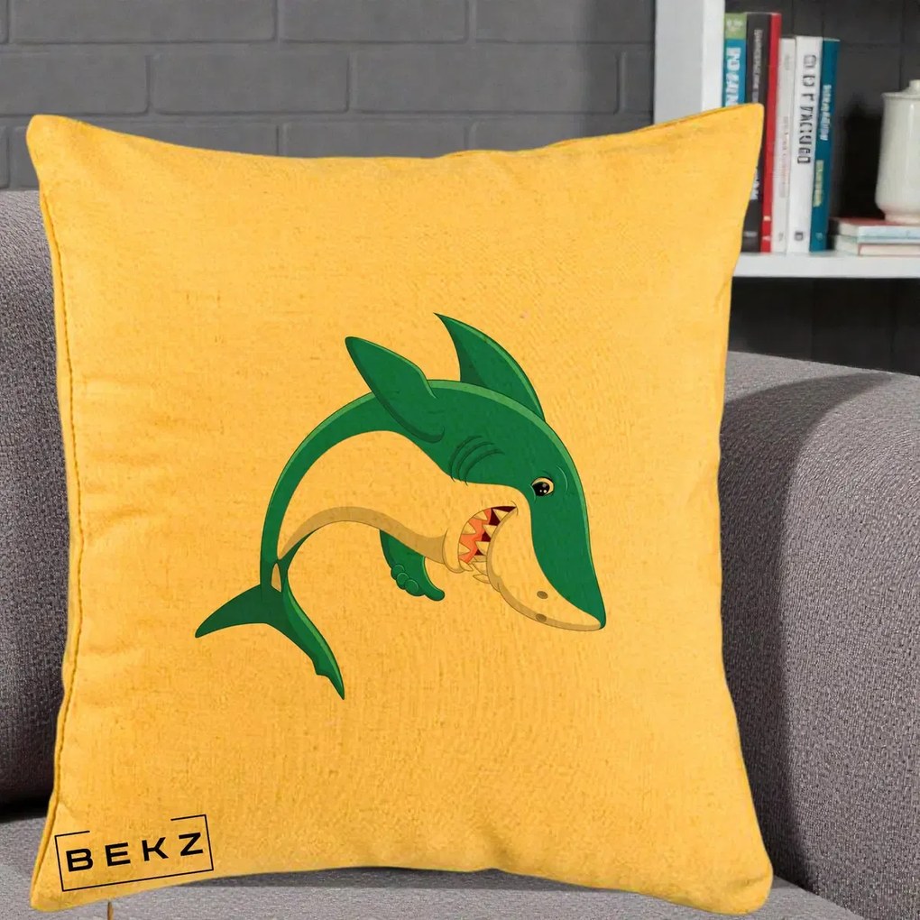 Perna Decorativa Rechin Albastru Cartoon, 40x40 cm, Galben, Husa Detasabila, Perna Inclusa, BEKZ®