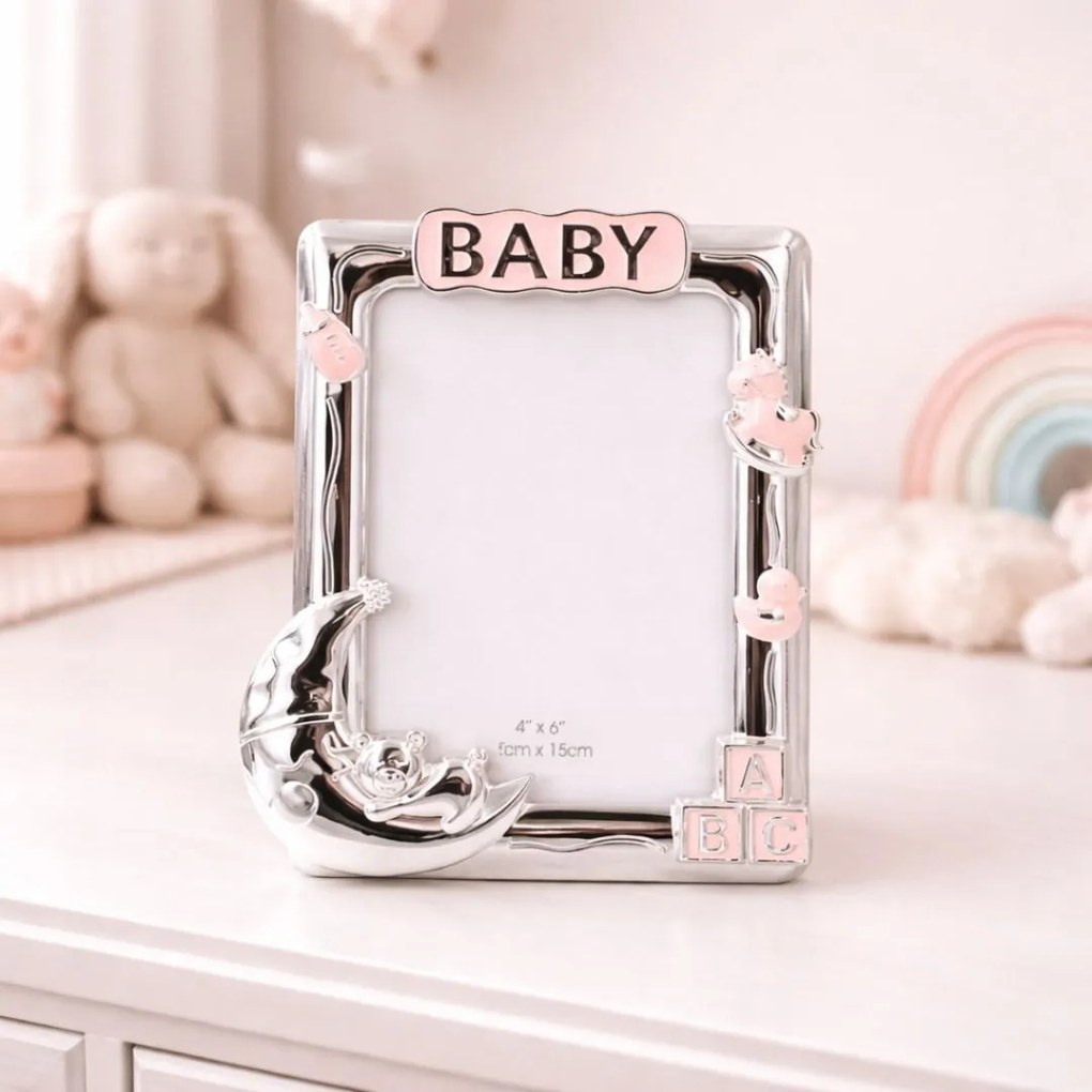 Ramă Foto BABY AZAY Roz cu Elemente Decorative, 10x15 cm, Ramă Foto Fetițe, Cadou Botez / Nou-Născut, Cutie Cadou Inclusă