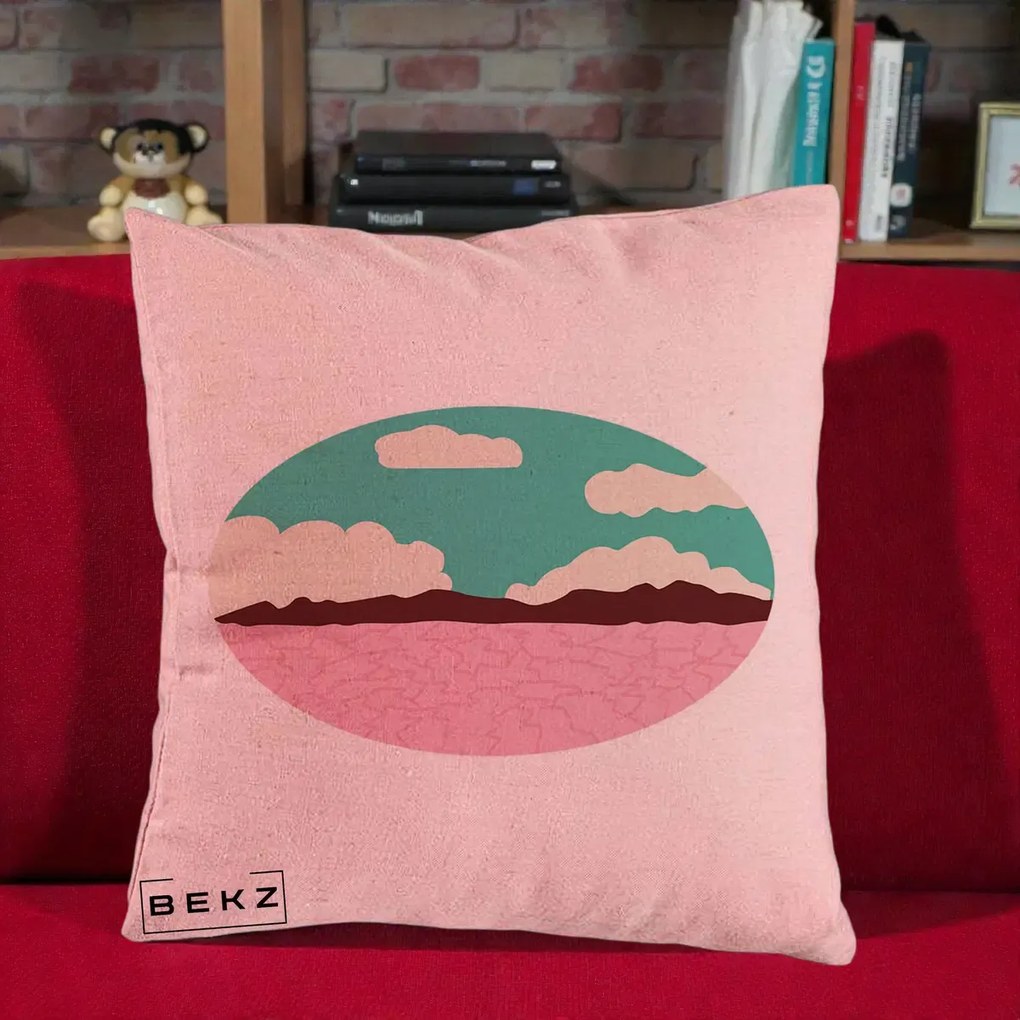 Perna Decorativa Peisaj Desert Oval Pastel, 40x40 cm, Roz, Husa Detasabila, Perna Inclusa, BEKZ®