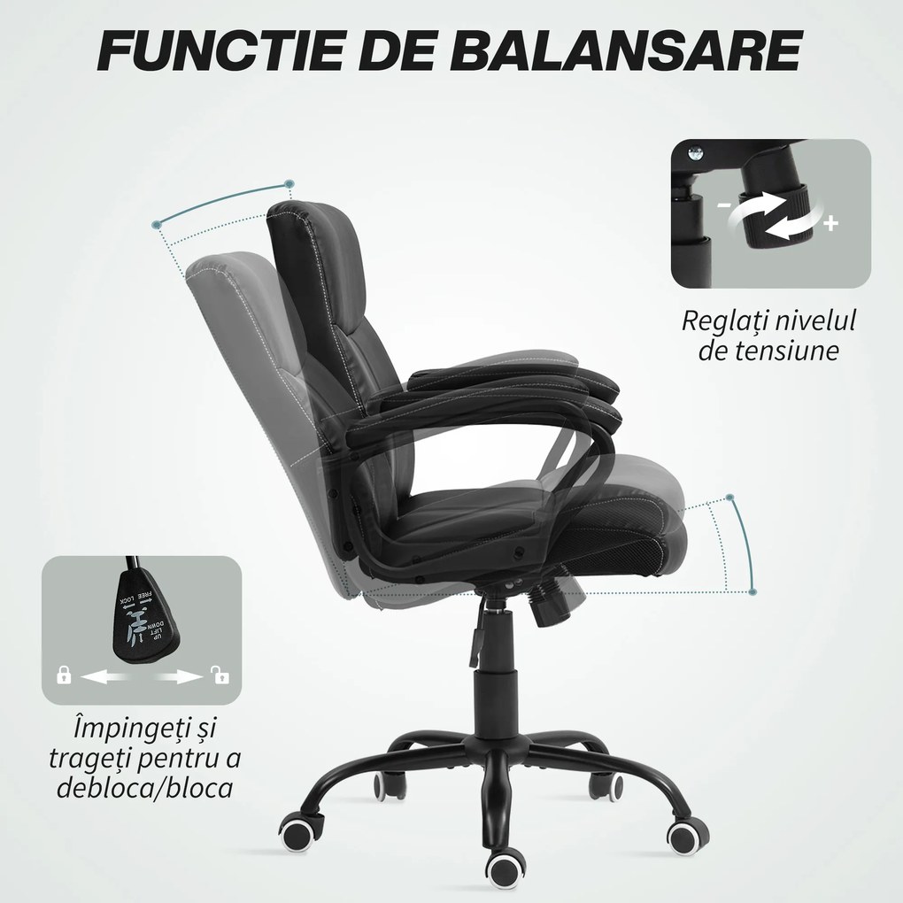 HOMCOM Scaun Ergonomic de Birou cu Funcție de Înclinare și Înălțime Reglabilă, 61x62x95-105 cm, Negru | Aosom Romania