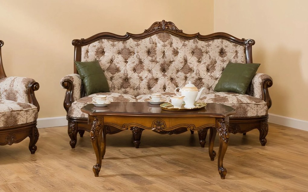 Măsuță lemn masiv de cafea Piero, 120 × 60 × 55 cm - Alb cu patina aurie