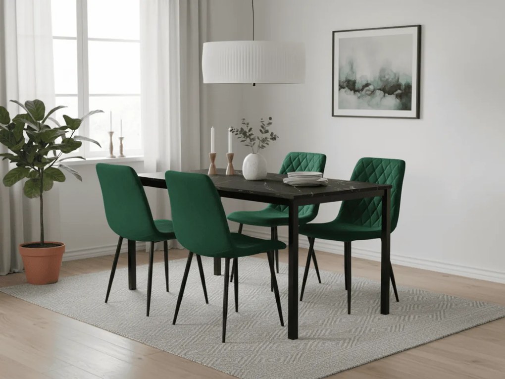 Set de dining 1 + 4, masa neagra RAMOD 100x60 cm decor marmura + scaun verde TURIN cu picioare negre