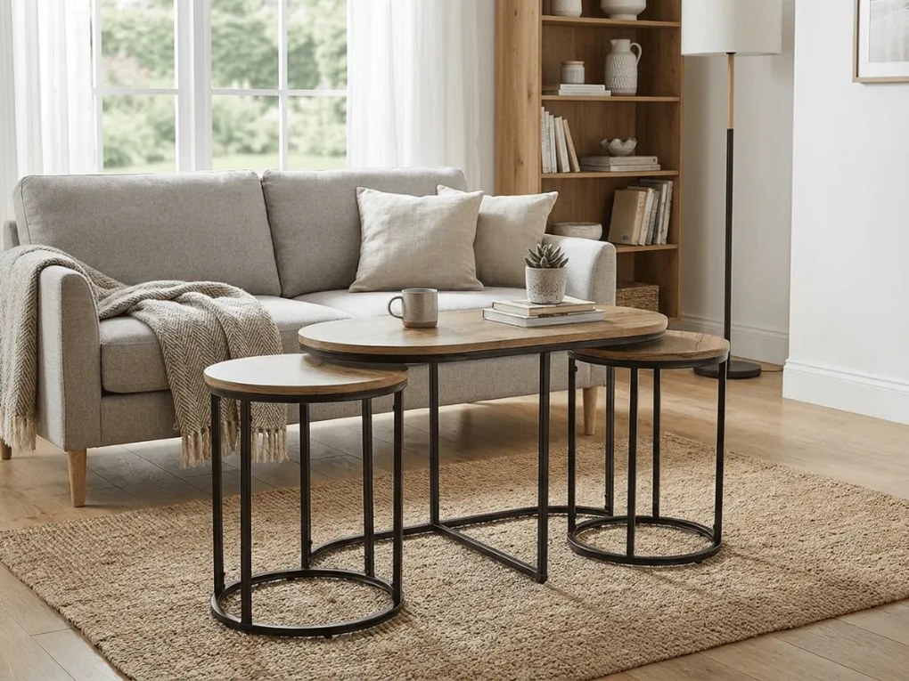 Masuta de cafea TWIXE cu mese auxiliare 75x40 cm, negru/decor stejar artisan