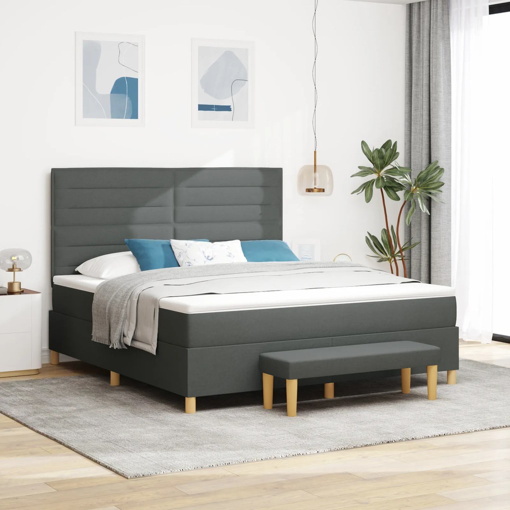 vidaXL Pat cu arcuri cu saltea și băncuță Gri închis 180x200 cm Țesătură