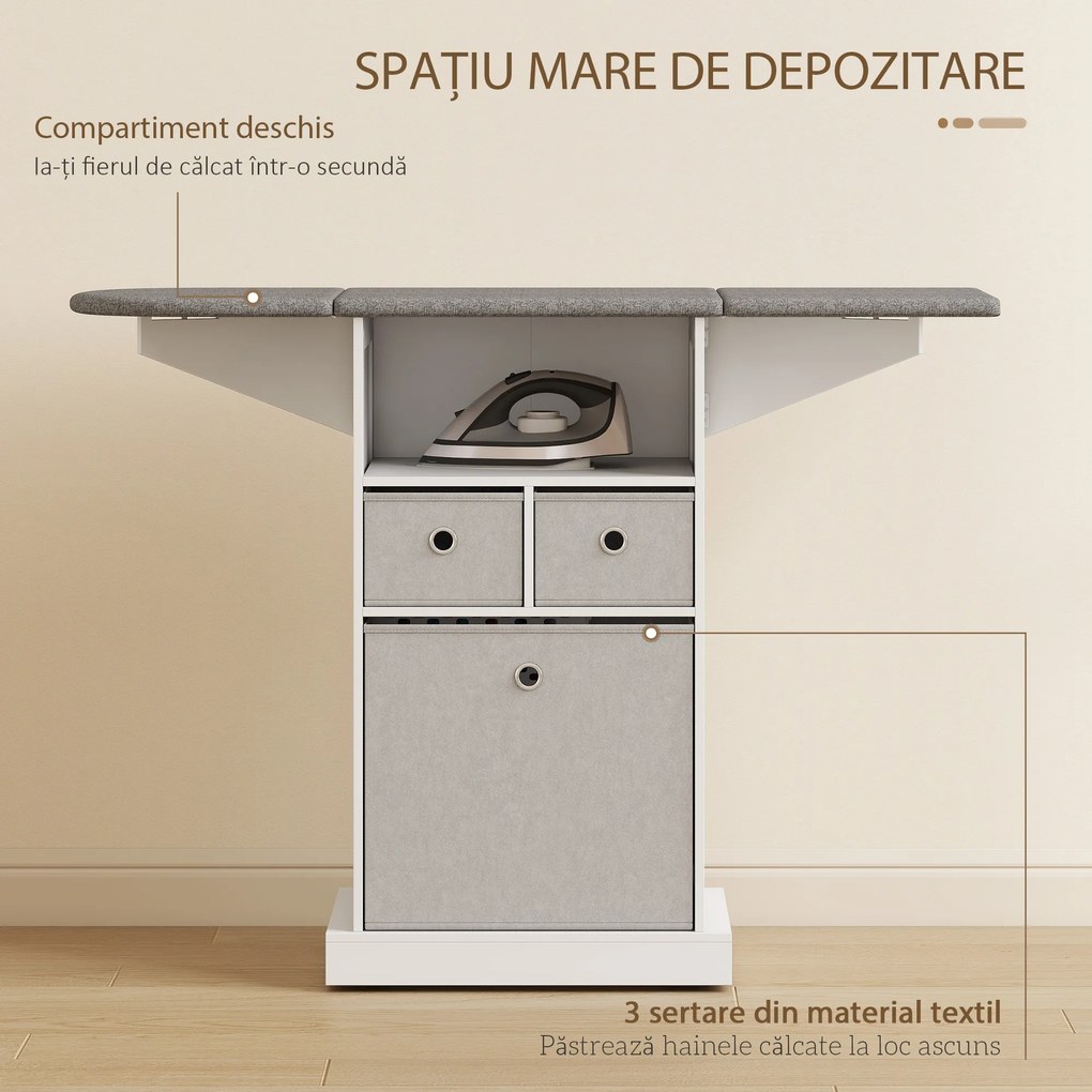 HOMCOM Dulap cu Masă de Călcat Pliabil Economisitor de Spațiu, Dulap Multifuncțional cu 3 Sertare din Material Textil Aspect In, Roți Cu Frână, Raft Deschis, pentru Băi și Spații de Rufe, 121x37x89.5 cm, Alb | Aosom Romania