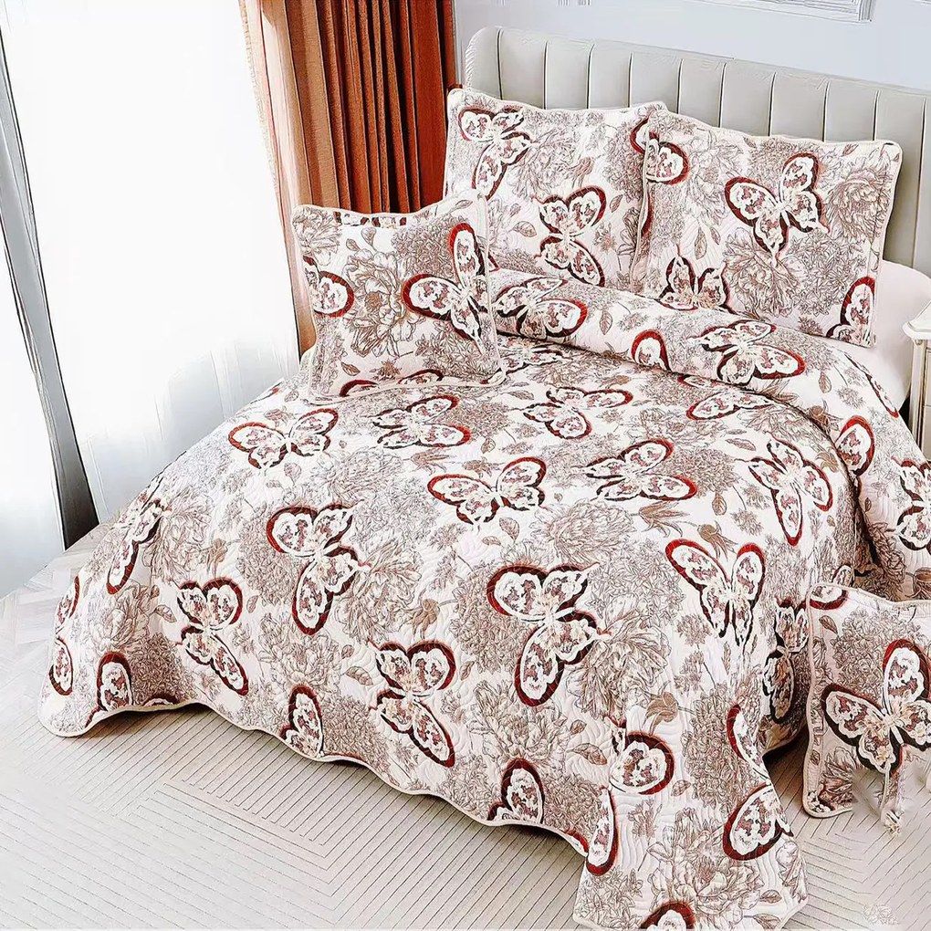 Cuvertură bumbac 100%, crem cu paisley roz, 5 piese, 230x250 cm, CB449