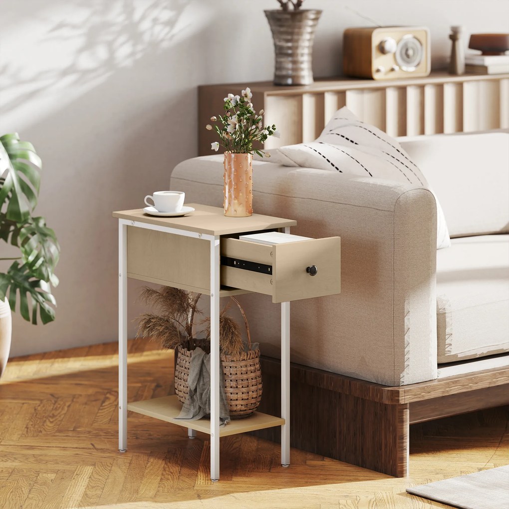 HOMCOM Masă Auxiliară Îngustă cu Sertar Raft Deschis și Structură Metalică pentru Sufragerie Dormitor 25x39,8x58,2 cm Lemn Natural | Aosom Romania