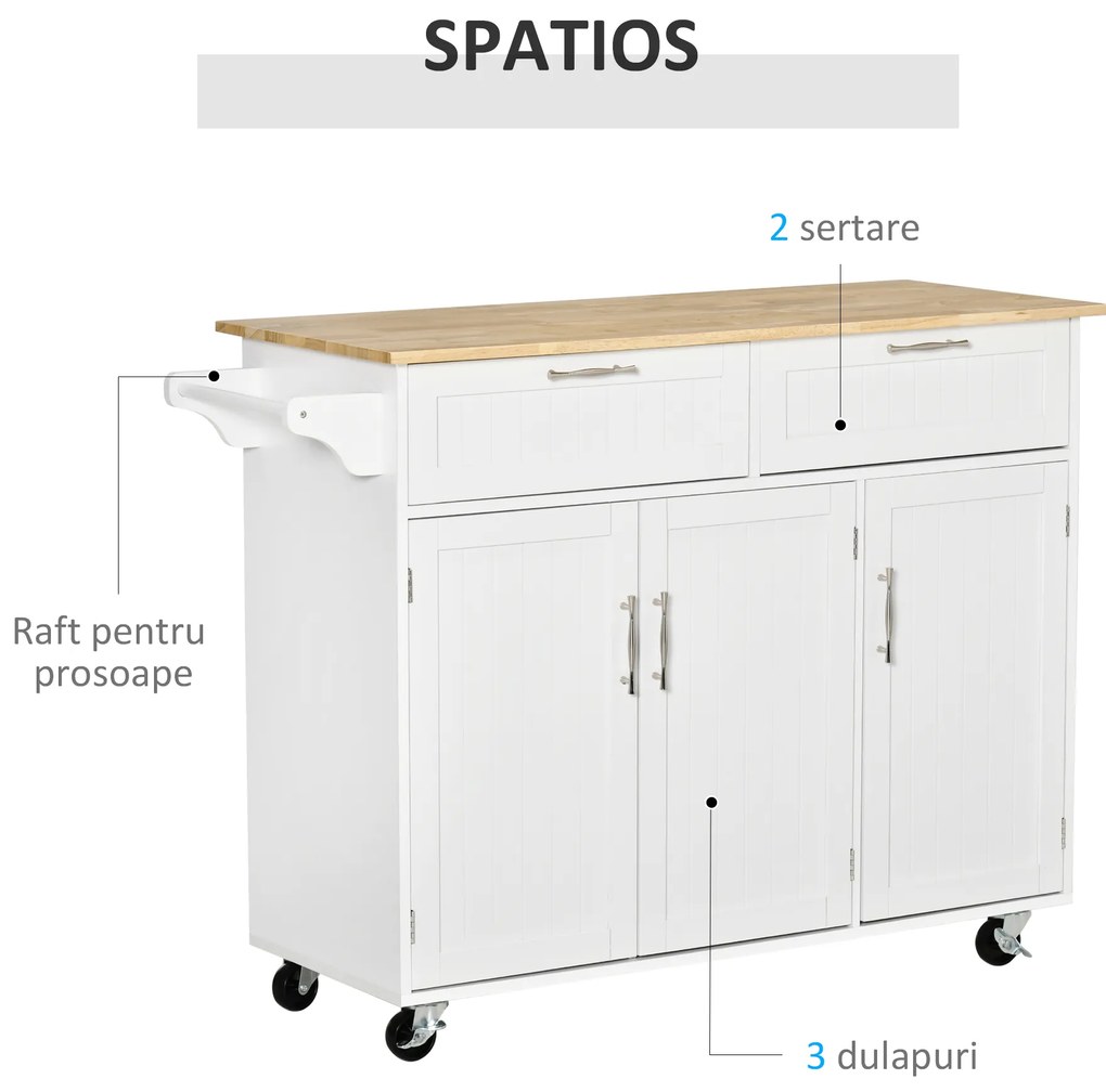 HOMCOM Cărucior Bucătărie Multifuncțional cu Spațiu Depozitare, 121x46x91 cm, Design Modern, Alb | Aosom Romania